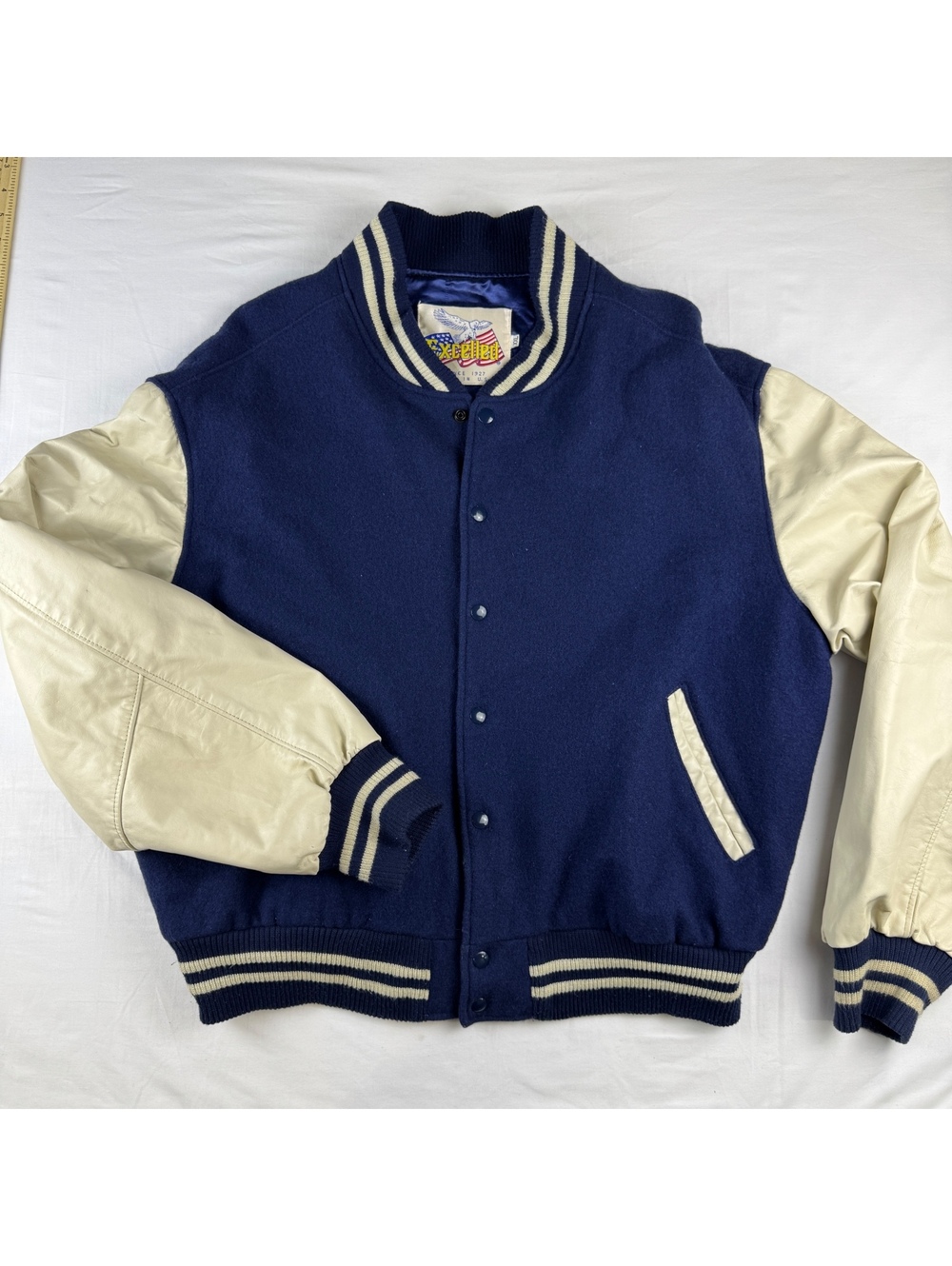 Vintage Excelled Varsity Jacket HEAVY Navy Blue with Cream Leather Sleeves XXL